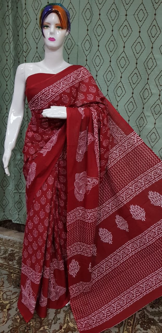 Bagru Block Printed Mulmul Cotton Saree